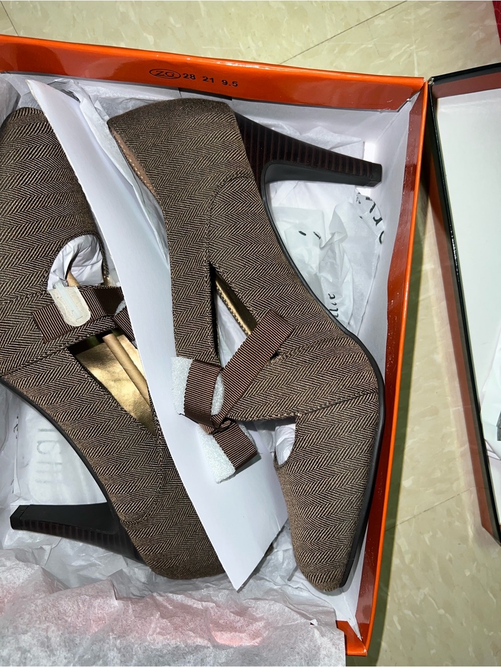 Brown Herringbone Fabric Pump with Bow Detail - Women Shoes